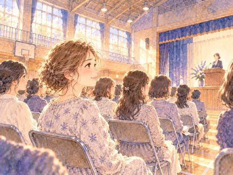 体育館の集会で並んで座り話を聞く女性たち