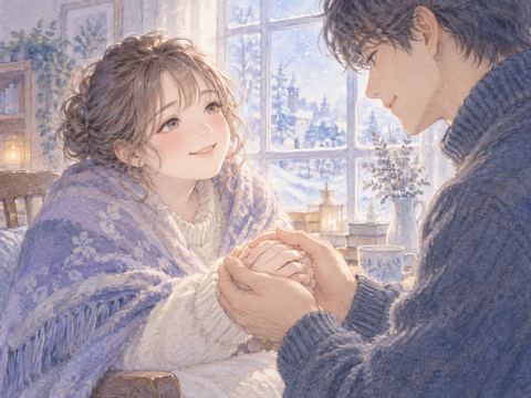 窓辺で男性に冷えた両手を温かく包まれて微笑む女性