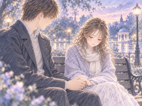夕暮れのベンチで恋人の冷たい手に握られ寂しげな女性