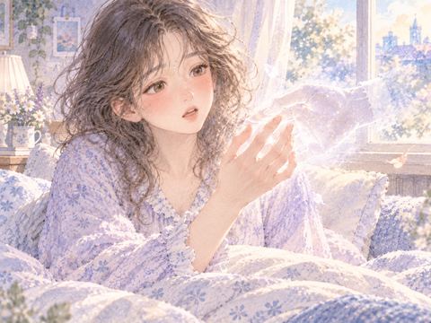 ベッドで目覚め手のひらを見つめる女性と夢の手の残像