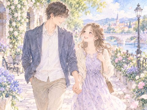 花咲く遊歩道で好きな男性に手を握られ笑顔になる女性