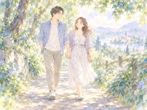 緑の小道を手をつないで並んで歩く男女