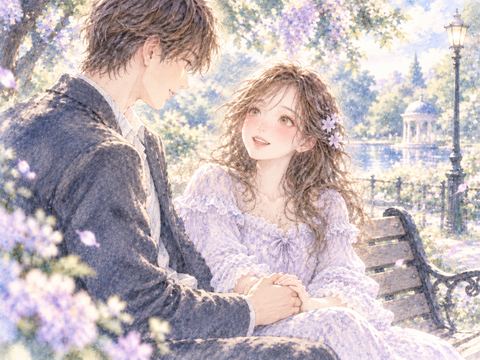 公園のベンチで恋人に手を握られて微笑む女性