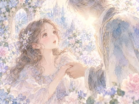 幻想的な庭で見知らぬ人に手を握られて驚く女性
