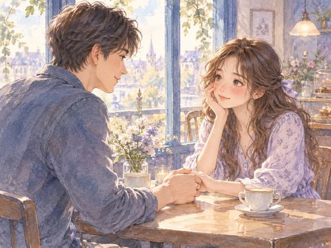 カフェで向かいの男性に手を握られて照れる女性