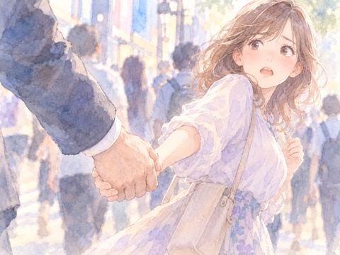 人混みの中で男性に手を強く握られ驚く女性