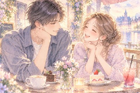 イケメンの恋人と笑い合う嬉しそうな大人の女性