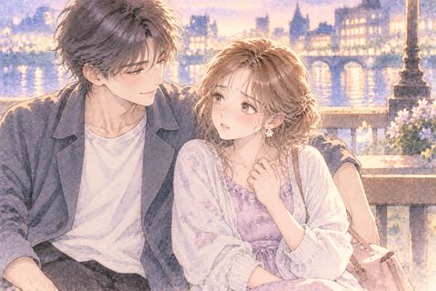 イケメンの恋人の隣で不安そうな大人の女性