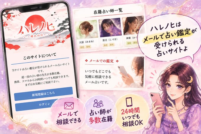 ハレノヒ公式サイトの画面を見ながら、メールで相談できる占いサービスの特徴や24時間相談可能という案内を紹介する月野アザミの解説画像