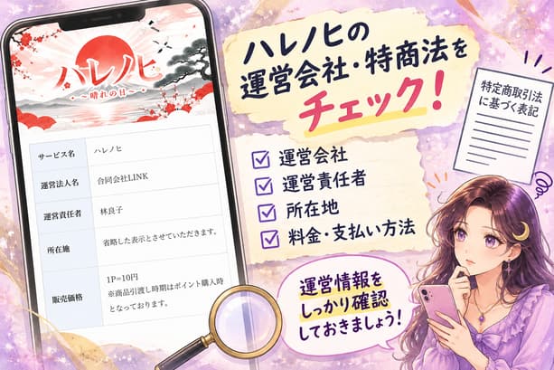 ハレノヒの特定商取引法に基づく表記を確認し、運営会社の合同会社LINK、責任者の林良子、所在地が公開ページでは省略されている点をチェックする画像