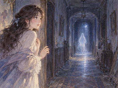 廃墟の廊下で淡く光る幽霊を見つめる女性