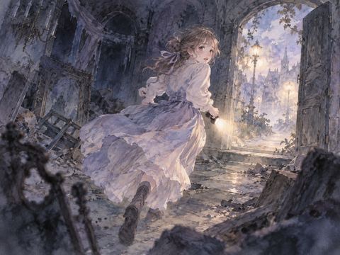 物音に驚き廃墟の出口へ走って逃げる女性