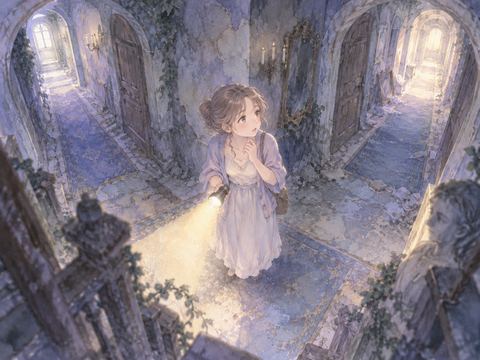 廃墟の分かれ道で出口を探して立ち止まる女性