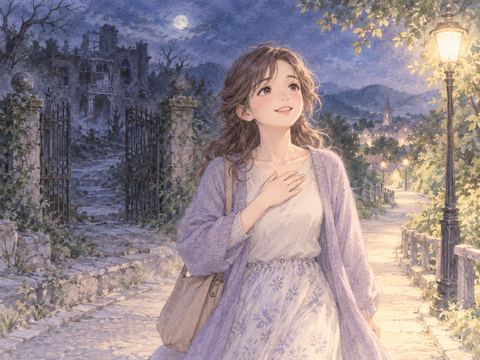 廃墟を抜け明るい帰り道でほっとする女性