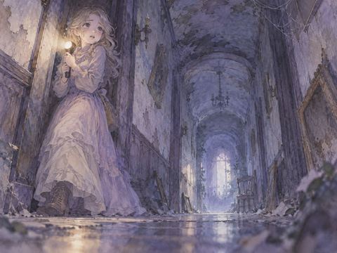 廃墟の暗い廊下で怖くて立ちすくむ女性