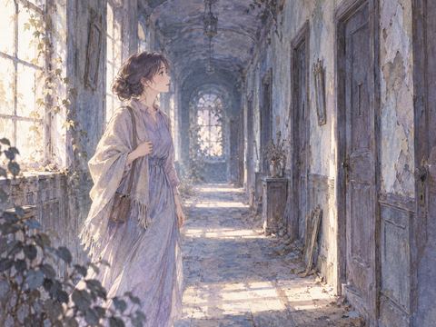 薄暗い廃墟の廊下を落ち着いて歩く女性