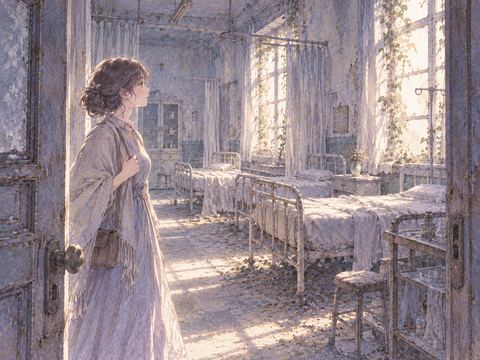 誰もいない廃病院の病室を静かに見つめる女性