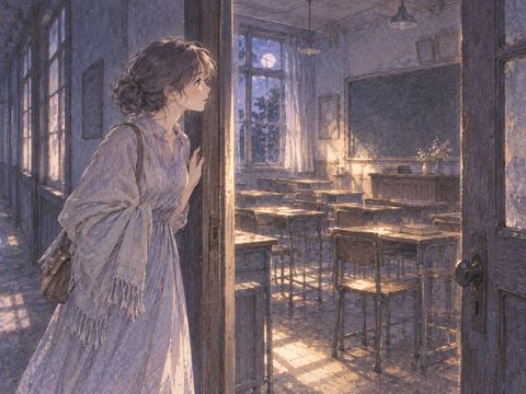 夜の学校の教室を懐かしそうにのぞく女性