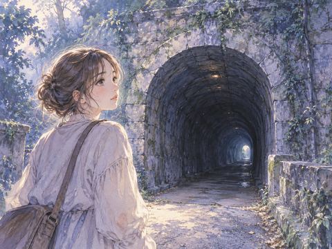 見覚えのある古いトンネルの入口を見つめる女性