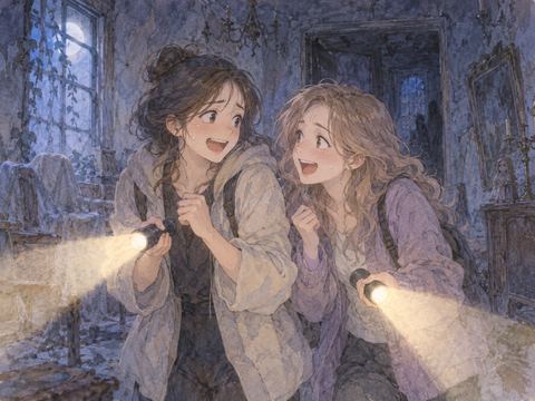 心霊スポットで懐中電灯を照らし合って笑う女性たち