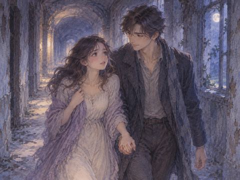 薄暗い廃墟で手をつなぎ寄り添う女性と恋人