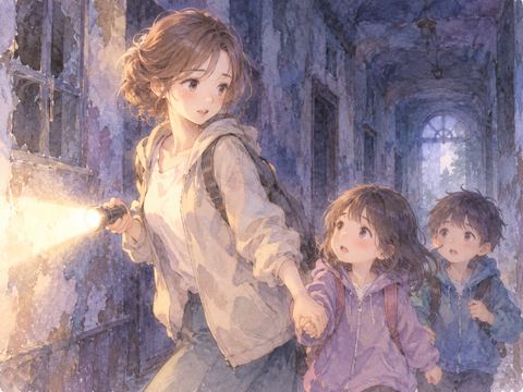 薄暗い建物で家族の手を引いて歩く女性