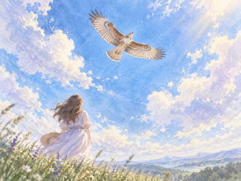 青空高く翼を広げて飛ぶ鷹を見上げる女性