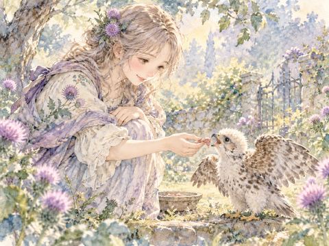 小さな鷹のひなに優しく餌をあげる女性