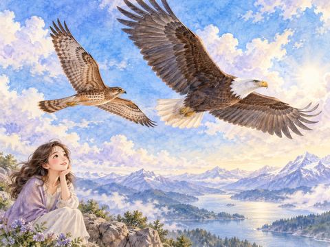 青空を並んで飛ぶ鷹と大きな鷲を見上げる女性