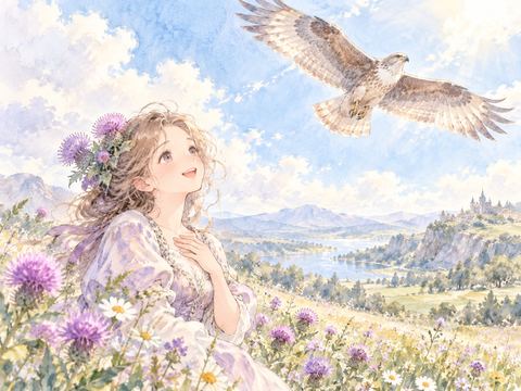 美しく翼を広げる鷹を見つけて笑顔になる女性