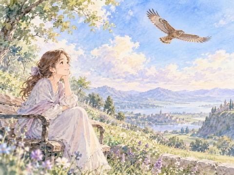 遠くを飛ぶ鷹を穏やかな表情で見守る女性