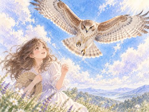 こちらへ飛んでくる鷹を驚きながら見つめる女性