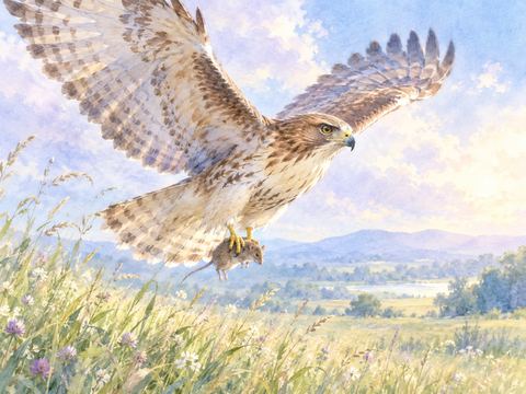 草原で小さな獲物を足につかんで飛び立つ鷹