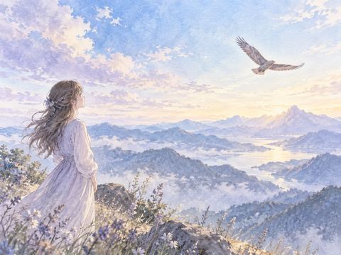 山の向こうへ飛び去る鷹を静かに見送る女性