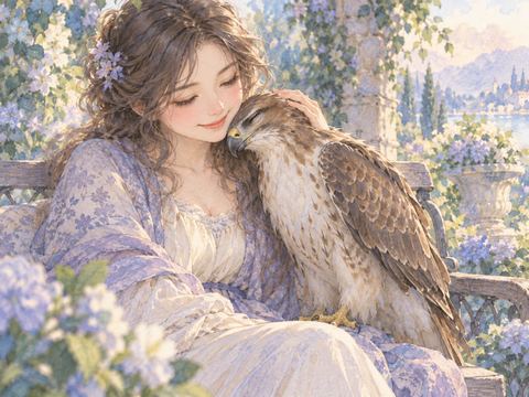 女性に頭をすり寄せて甘える鷹と優しく微笑む女性