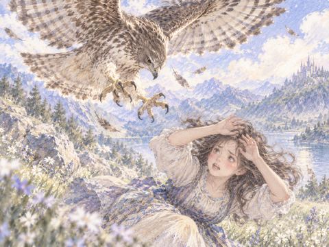 急降下して襲いかかる鷹から身を守ろうとする女性