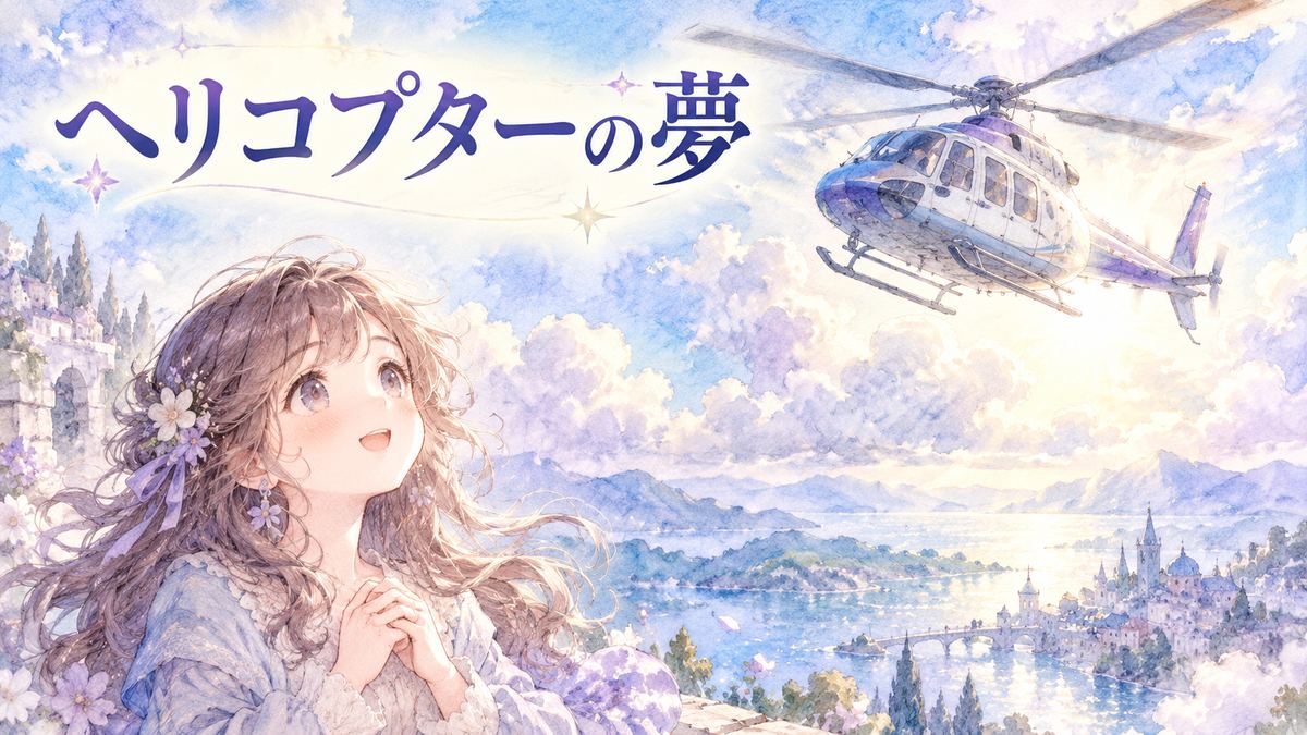 空を飛ぶヘリコプターを見上げて期待と驚きの表情を浮かべるアザミ