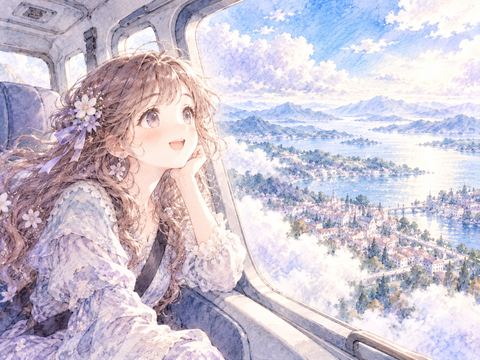 上昇するヘリコプターの窓から街を見下ろして喜ぶ女性
