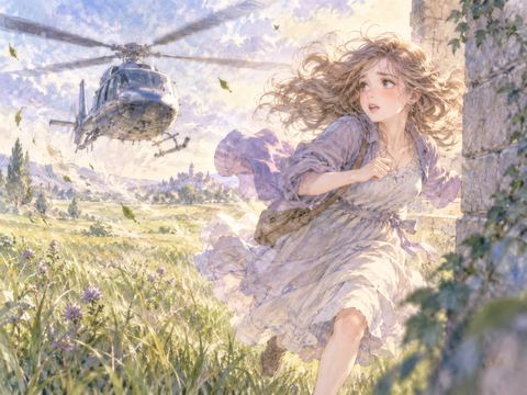近づくヘリコプターの風と音を避けて走る女性