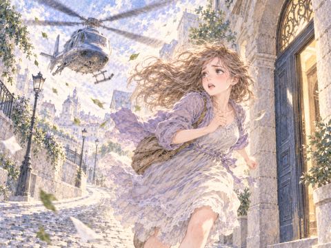 頭上から追いかけるヘリコプターを振り返りながら走る女性