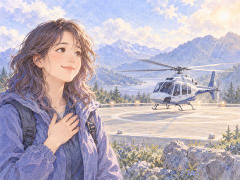 着陸場所に無事降り立つヘリコプターを安心して見守る女性