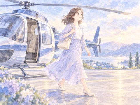 着陸したヘリコプターから降りて歩き出す女性