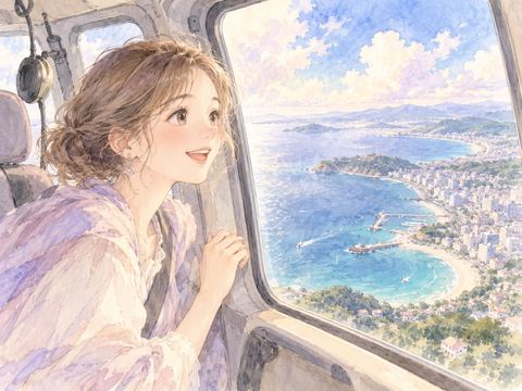 ヘリコプターの窓から広がる景色を見て笑顔になる女性