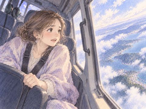揺れるヘリコプターの座席で不安そうにつかまる女性