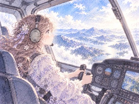 ヘリコプターの操縦席で操縦桿を握る女性