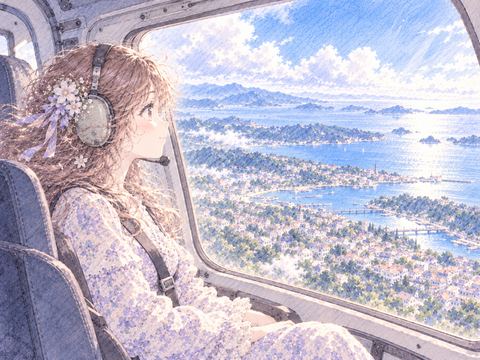ヘリコプターの窓から街と海の景色を眺める女性
