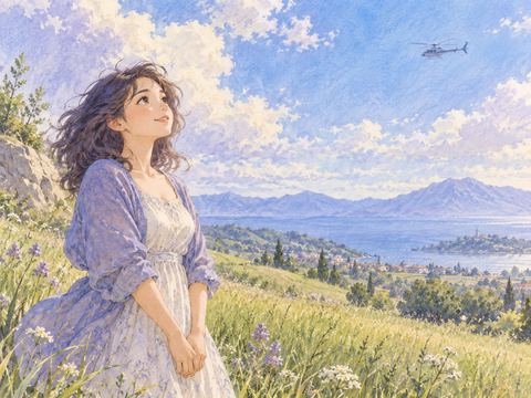 青空を飛ぶヘリコプターを地上から見上げる女性