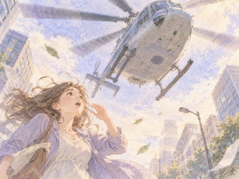 頭上を低く飛ぶヘリコプターに驚いて見上げる女性