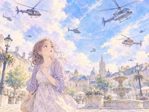 空を飛び交う多数のヘリコプターを見上げて戸惑う女性