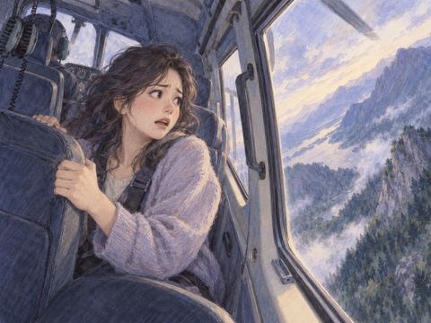高度を失うヘリコプターの機内で座席につかまり不安がる女性